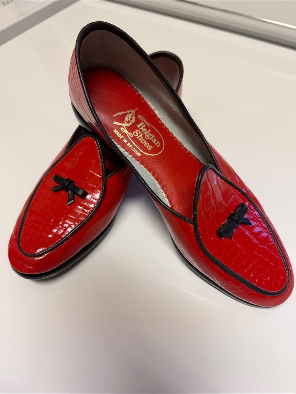 Belgian Shoes- Red Croc-Embossed Loafers with 
Black Trim
Size 7 M